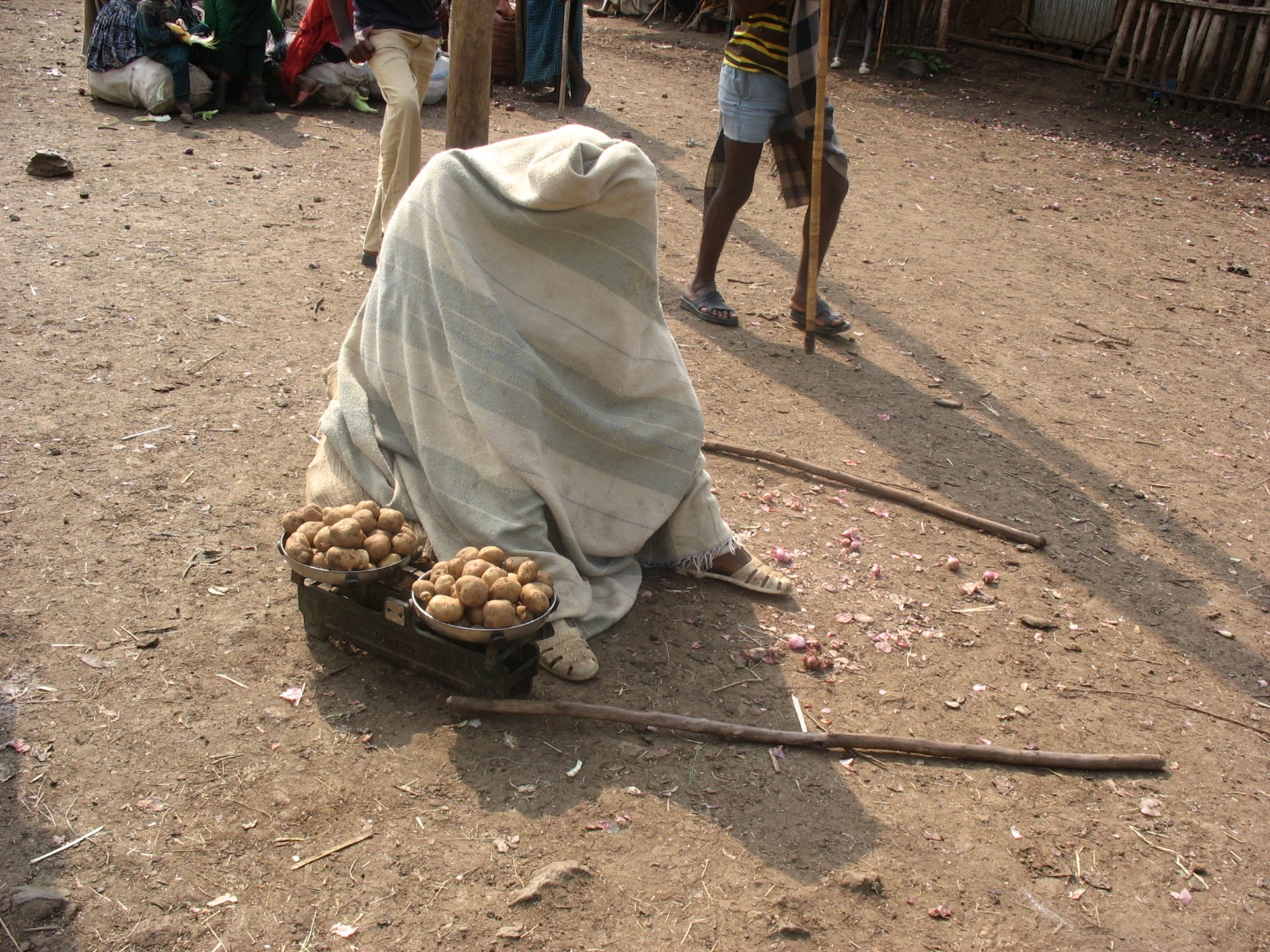 A person sitting on the ground with a blanket covering her face

Description automatically generated